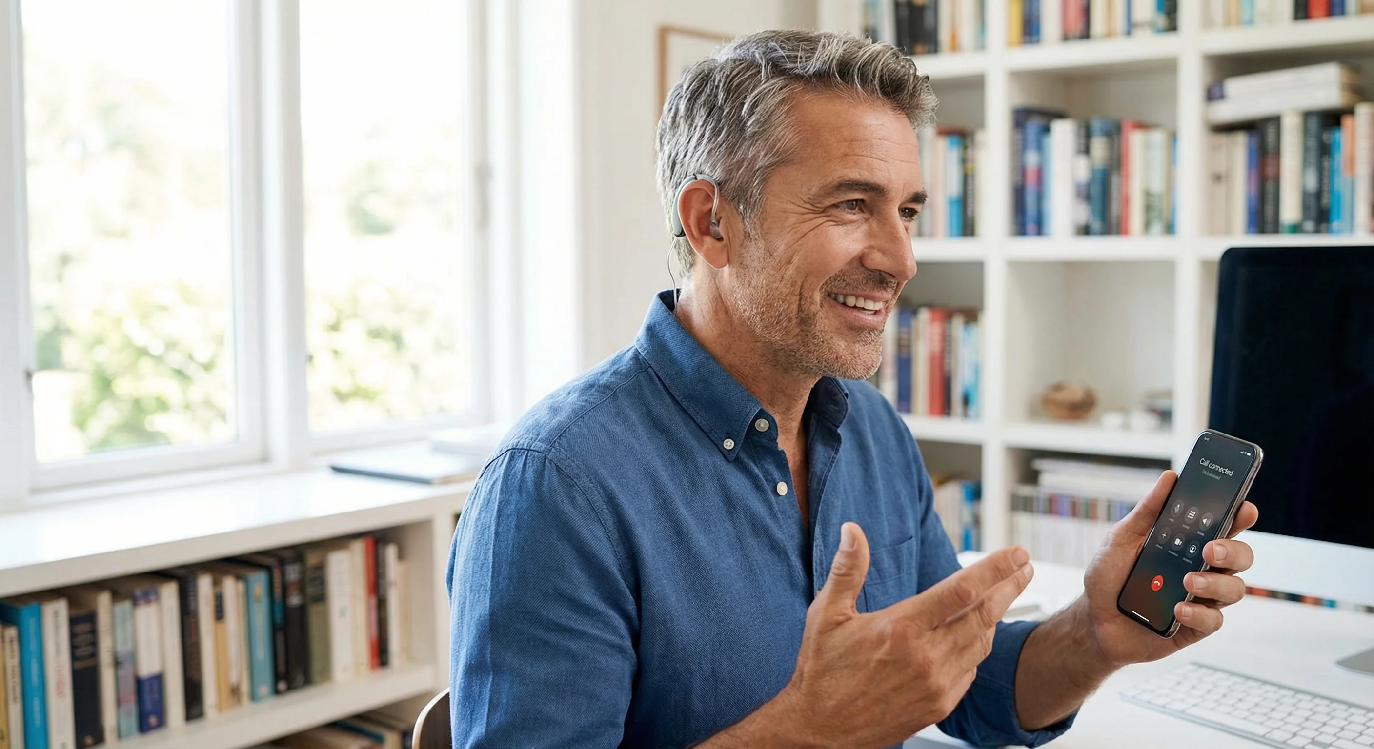 Man with modern hearing aids enjoying hands-free wireless phone call demonstrating Bluetooth connectivity